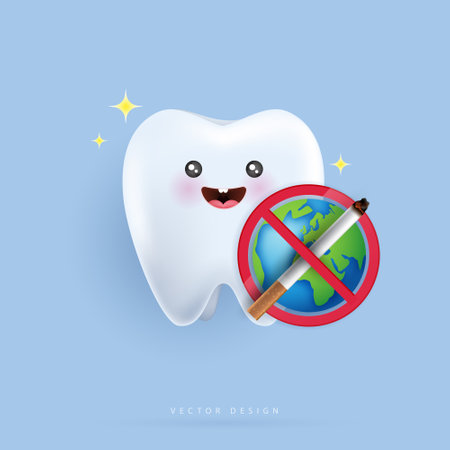 Cartoon tooth holding stop and no smoking. dental care concept. stop smoking, World No Tobacco Day. vector design.のイラスト素材