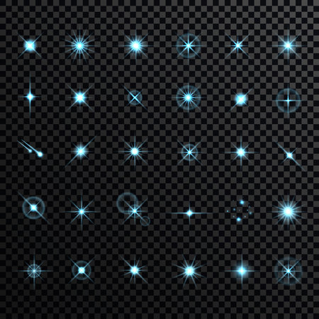 Effect sparkling stars light burst explosion, flickering and flashing lights. collection of different light effects on black background. transparent lens flares and lighting effects. vector design.のイラスト素材