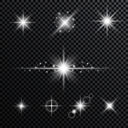 Effect sparkling stars light burst explosion, flickering and flashing lights. collection of different light effects on black background. transparent lens flares and lighting effects. vector design.のイラスト素材