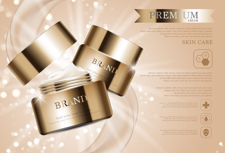 Hydrating facial cream for annual sale or festival sale. gold cream mask bottle isolated on glitter particles background. Graceful cosmetic ads, illustration.のイラスト素材