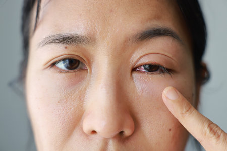 Woman's eyes become inflamed after rubbing her eyes violently. Insects entering eye cause irritation and wounds to cornea, causing eye to become swollen and red. Ophthalmologist treats eye infections.の写真素材