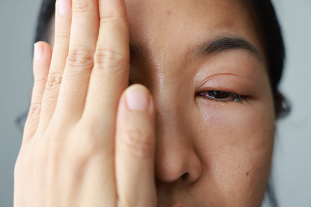 Woman's eyes become inflamed after rubbing her eyes violently. Insects entering eye cause irritation and wounds to cornea, causing eye to become swollen and red. Ophthalmologist treats eye infections.の写真素材