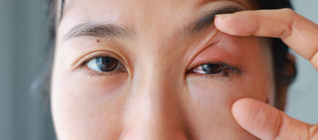 Woman's eyes become inflamed after rubbing her eyes violently. Insects entering eye cause irritation and wounds to cornea, causing eye to become swollen and red. Ophthalmologist treats eye infections.の写真素材