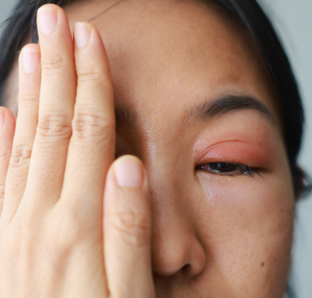 Woman's eyes become inflamed after rubbing her eyes violently. Insects entering eye cause irritation and wounds to cornea, causing eye to become swollen and red. Ophthalmologist treats eye infections.の写真素材