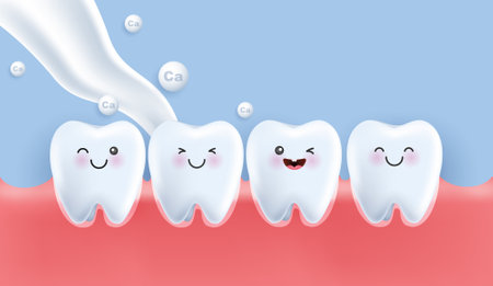 Teeth happy and healthy tooth character smiling with milk splash and calcium. can be used in children dentist clinic. Medical health and dentistry concept. cartoon dental character. vector designのイラスト素材