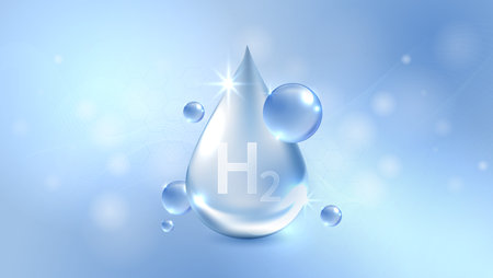 Hydrogen H2 production. renewable energy source. renewable Eco energy. hydrogen energy powered by renewable electricity with water molecule in transparent style. vector design.のイラスト素材