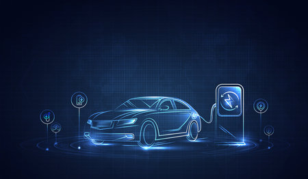 EV. Electric car connect to charging station on blue background. Eco power, EV charger, alternative energy, rechargeable battery, auto industry, future technology. vector.のイラスト素材