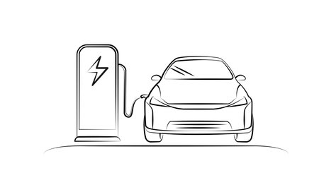 Electric car line with charging stations by sketch in concept of green. renewable energy and eco power produced from sustainable source. EV plugin station. technology electric car. vector design.のイラスト素材