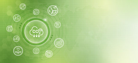 CO2 or carbon concept with icons on green background. co2 emission using clean energy and limit global warming. renewable energy, planting tree. vector design.のイラスト素材
