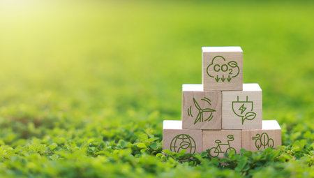 Wooden block for co2, ESG and net zero. Carbon reduction strategy and action to limit climate change and global warming. world environment day, world earth day. green businessの写真素材
