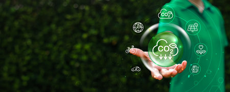 Hand holding with tree for co2, ESG and net zero. energy saving concept. save our planet, world environment day, world earth day. sustainable development and green business.の写真素材
