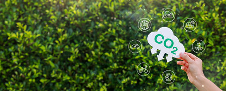 Hand holding with cloud for co2, ESG and net zero. energy saving concept. save our planet, world environment day, world earth day. sustainable development and green business.の写真素材