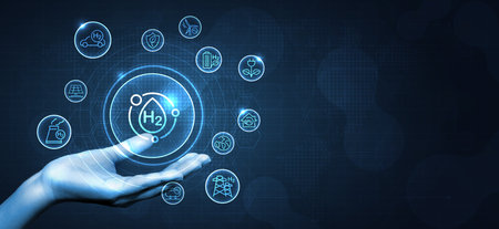 Hydrogen H2 production with icon. renewable energy source. renewable Eco energy. hydrogen energy powered by renewable electricity with water molecule in transparent style. vector design.の写真素材