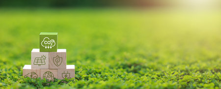 Wooden block for co2, ESG and net zero. Carbon reduction strategy and action to limit climate change and global warming. world environment day, world earth day. green businessの写真素材
