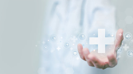 Health care medical science with digital technology. doctor in a white coat point to plus and medical icon. innovation, treatment, medicine and medical research. health Insurance and hospital.の写真素材