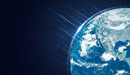 Global 5G network wireless systems and internet technology concept. smart city communication network. 5G wireless mobile internet wifi connection data. Elements of this image furnished by NASA.の写真素材