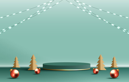 Podium shape for show cosmetic product display for christmas day or new years. Stand product showcase on red background with lighting christmas. vector design.のイラスト素材