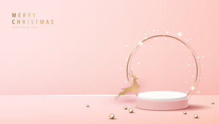 Podium shape for show cosmetic product display for christmas day or new years. Stand product showcase on red background with lighting christmas. vector design.のイラスト素材