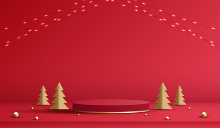 Podium shape for show cosmetic product display for christmas day or new years. Stand product showcase on red background with lighting christmas. vector design.のイラスト素材