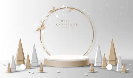Podium shape for show cosmetic product display for christmas day or new years. Stand product showcase on red background with lighting christmas. vector design.のイラスト素材
