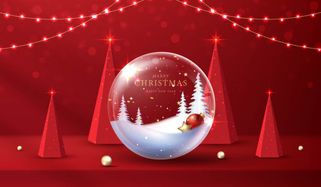 Podium shape for show cosmetic product display for christmas day or new years. Stand product showcase on red background with lighting christmas. vector design.のイラスト素材