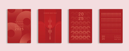 Chinese new year 2025 modern art design set in red gold background. Lunar new year 2025 for cover, card, poster website, calendar and banner. symbol of of the snake. vector design.のイラスト素材
