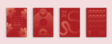 Chinese new year 2025 modern art design set in red gold background. Lunar new year 2025 for cover, card, poster website, calendar and banner. symbol of of the snake. vector design.のイラスト素材