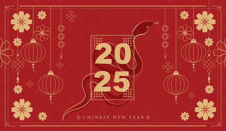Chinese new year 2025 of the snake banner template design with snake, chinese lantern and chinese fan red background. red traditional chinese vector design with snake.のイラスト素材