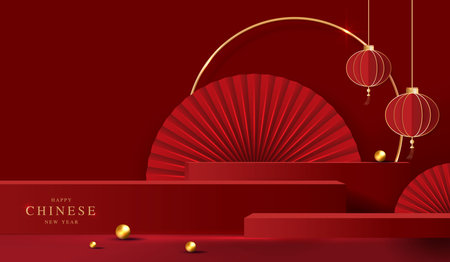 Chinese new year 2025 year of the snake for product. podium, backdrop, products showcase and promotion display on red background. lunar new year concept. vector design.のイラスト素材