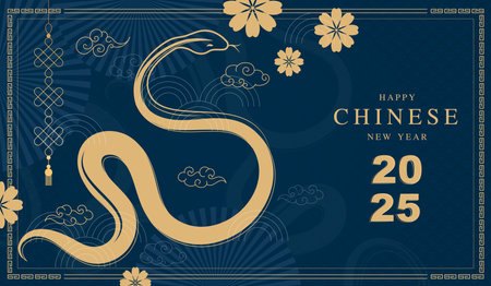Chinese new year 2025 modern art design set in blue gold background. Lunar new year 2025 for cover, card, poster website, calendar and banner. symbol of of the snake. vector design.のイラスト素材