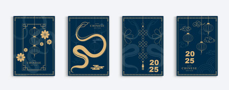 Chinese new year 2025 modern art design set in blue gold background. Lunar new year 2025 for cover, card, poster website, calendar and banner. symbol of of the snake. vector design.のイラスト素材