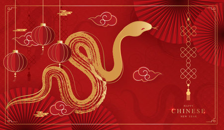 Chinese new year 2025 of the snake banner template design with snake, chinese lantern and chinese fan red background. red traditional chinese vector design with snake.のイラスト素材