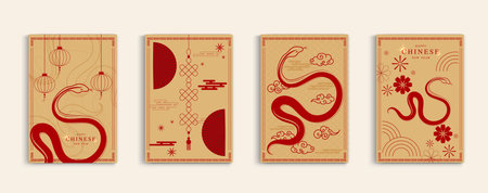 Chinese new year 2025 modern art design set in red gold background. Lunar new year 2025 for cover, card, poster website, calendar and banner. symbol of of the snake. vector design.のイラスト素材