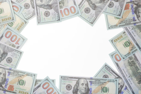 close up fiat money 100 usd banknotes on a white background. Pile of United States of America Finance. concepts of banking,cash, savings,fiat money concept,100 dollars. Money Mockup.の写真素材