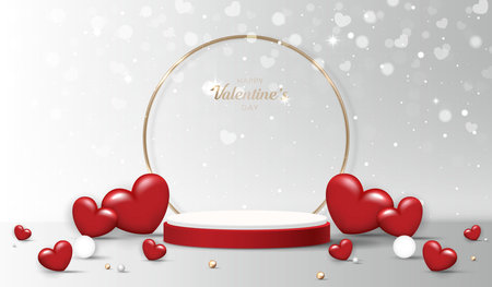 Happy valentines day and stage podium decorated with heart shape. pedestal scene with for product, cosmetic, advertising, show, award ceremony, on pink background and light. vector design.のイラスト素材