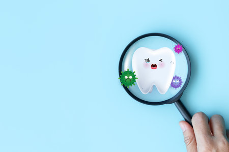 Teeth character cries because of germs and virus. tooth suitable for children dental clinic. tooth character for kids. cute dentist mascot for medical apps, websites and hospital.の写真素材