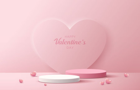 Happy valentines day and stage podium decorated with heart shape. pedestal scene with for product, cosmetic, advertising, show, award ceremony, on pink background and light. vector design.のイラスト素材