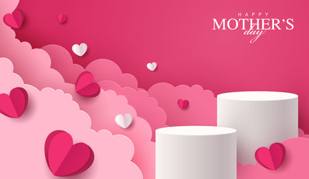 Mother's day for display podium, Valentine's Day with heart and flower. minimal pink background. product display presentation. studio room concept, minimal wall scene. vector design.のイラスト素材