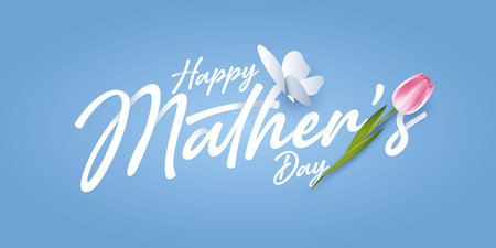 Happy Mothers Day lettering. Mothers day greeting card with blooming tulip flowers on blue background. symbols of love in shape of heart for greeting card, cover and label. vector design.のイラスト素材