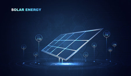 Futuristic solar panel technology concept with digital interface, clean energy, and sustainable power generation for innovation, environment, and green energy solutions. vector design.のイラスト素材