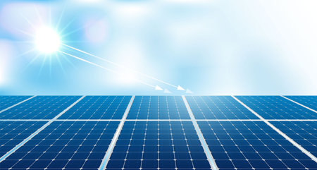 Solar panels under bright sunlight, renewable energy source, eco-friendly technology for sustainable power generation, clean energy concept with blue sky and sunlight reflection. vector design.のイラスト素材