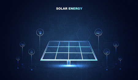 Futuristic solar panel technology concept with digital interface, clean energy, and sustainable power generation for innovation, environment, and green energy solutions. vector design.のイラスト素材