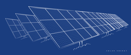 Solar panel array for clean energy, sustainability, eco-friendly technology, and renewable power generation on a blue background. vector design.のイラスト素材