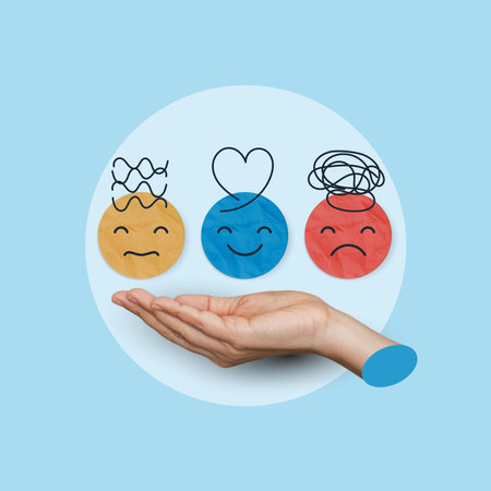Medical concepts. hand holding paper cut circle symbol face smile, happy, relax, satisfaction...