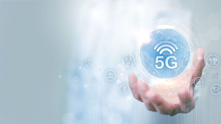 5G symbol new wireless internet wifi connection. Fifth innovative generation of the global high...
