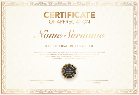 Elegant certificate of appreciation template with classic gold border, premium quality badge, customizable name, date, and signature section. Ideal for awards, recognition, or achievement.のイラスト素材
