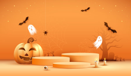 Halloween product podium banner, pumpkins, ghosts, candle, and bat flying, balloons, trees banner design on orange background. scary greeting card, promotion sale website, social media post. vector.のイラスト素材