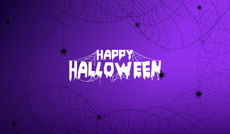 Happy Halloween greeting card with spooky spider webs and black spiders on a purple background, perfect for Halloween celebration, party invitations, and festive decorations. vector design.のイラスト素材