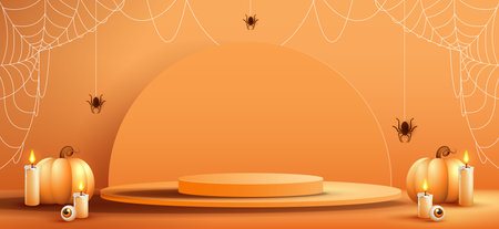 Halloween product podium banner, pumpkins, ghosts, candle, and bat flying, balloons, trees banner design on orange background. scary greeting card, promotion sale website, social media post. vector.のイラスト素材