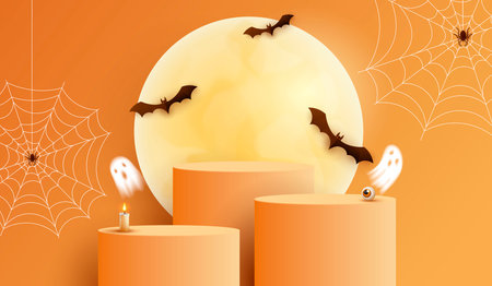 Halloween product podium banner, pumpkins, ghosts, candle, and bat flying, balloons, trees banner design on orange background. scary greeting card, promotion sale website, social media post. vector.のイラスト素材